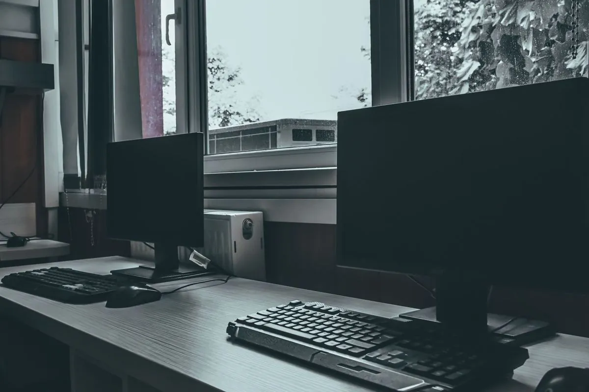 Ufficio vuoto di notte con le scrivanie al buio e un monitor ancora acceso